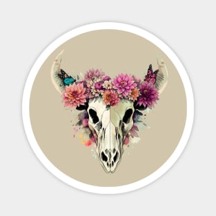 Cow Skull butterflies and floral dahlias crown, rodeo, wild, farm, cowgirl, cow, watercolor style Magnet